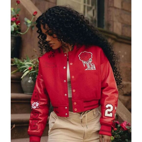 Jordan x Teyana Taylor Red Rose Leather Trim Long Sleeve Cropped Jacket Small - Picture 1 of 7